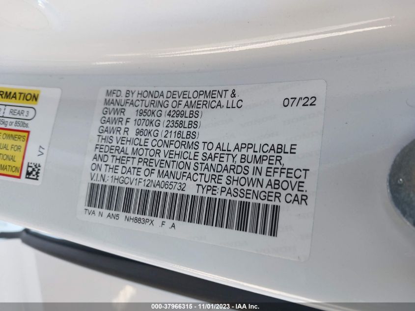 2022 Honda Accord Lx VIN: 1HGCV1F12NA065732 Lot: 37966315