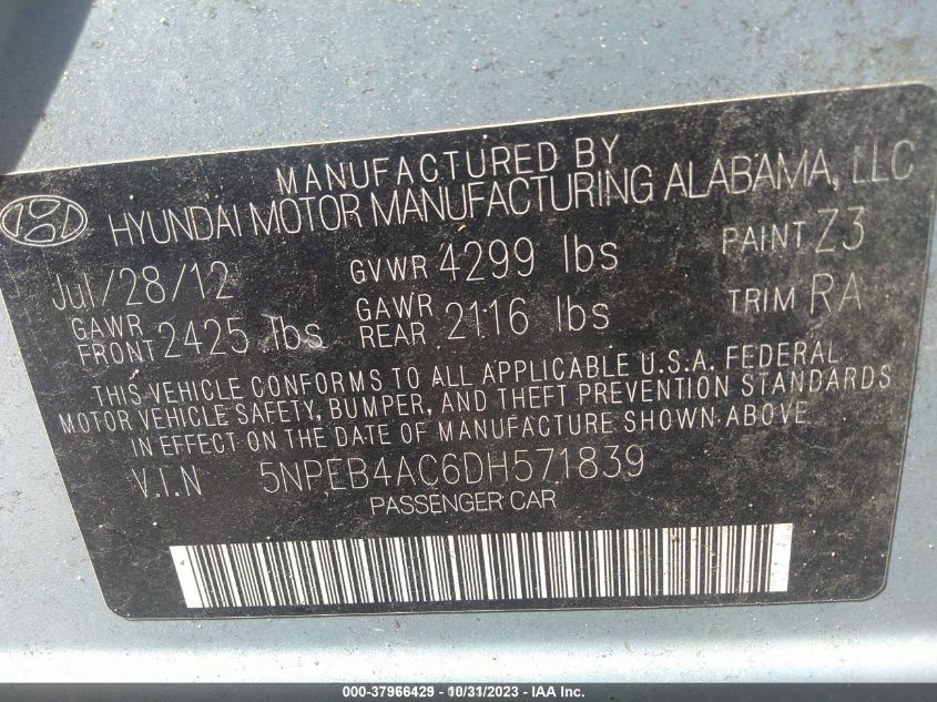 2013 Hyundai Sonata Gls VIN: 5NPEB4AC6DH571839 Lot: 37966429