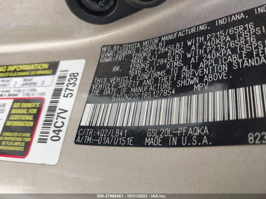 2008 Toyota Sienna Xle VIN: 5TDZK22C18S127854 Lot: 37966451