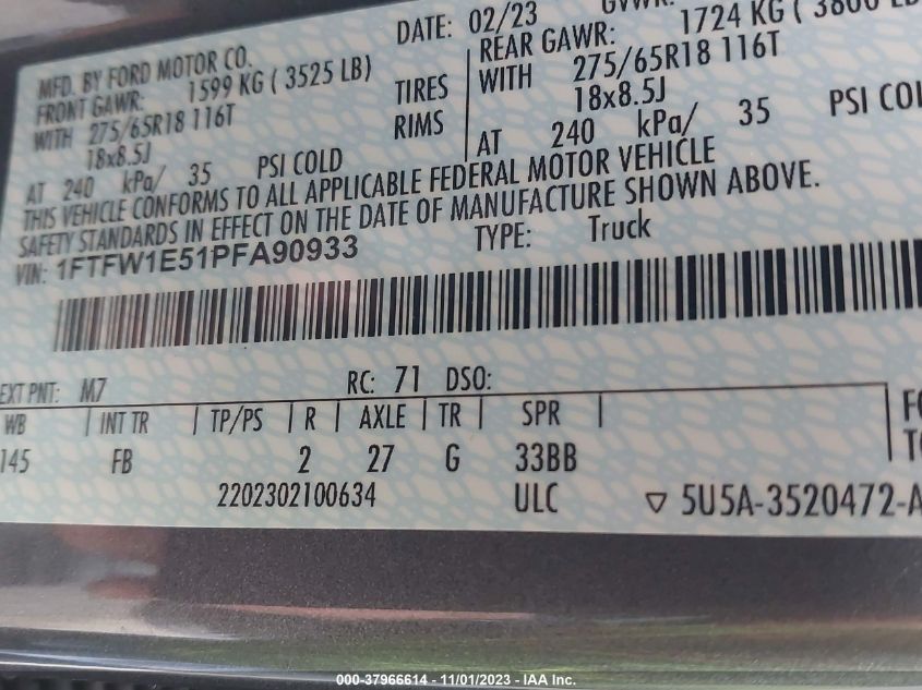 1FTFW1E51PFA90933 2023 Ford F-150 Xlt