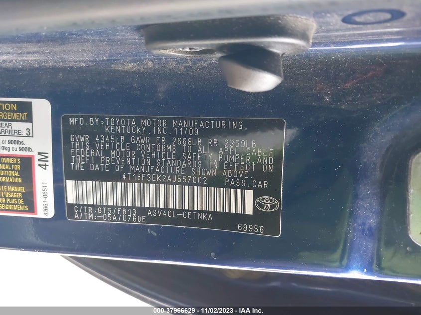 2010 TOYOTA CAMRY VIN: 4T1BF3EK2AU557002