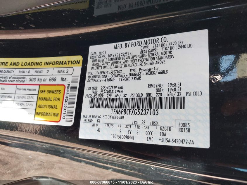 2016 Ford Mustang Gt Premium VIN: 1FA6P8CFXG5237103 Lot: 37966675