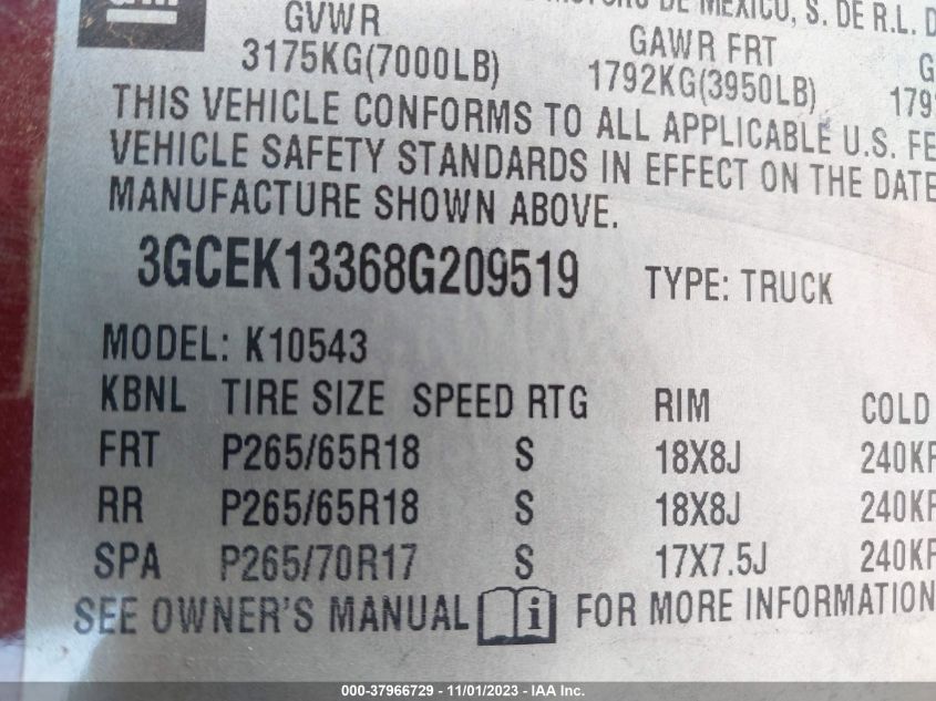 2008 Chevrolet Silverado 1500 Ltz VIN: 3GCEK13368G209519 Lot: 37966729