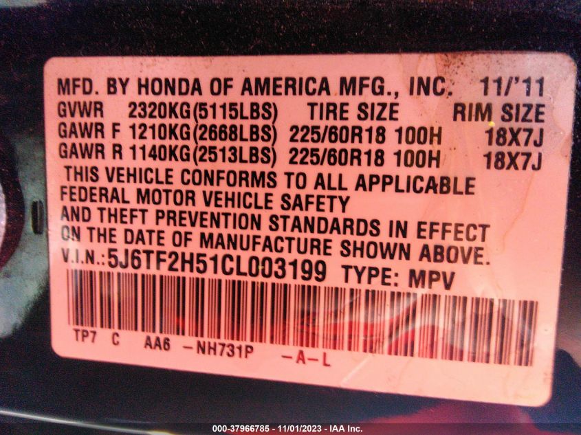 2012 Honda Crosstour Ex-L VIN: 5J6TF2H51CL003199 Lot: 37966785