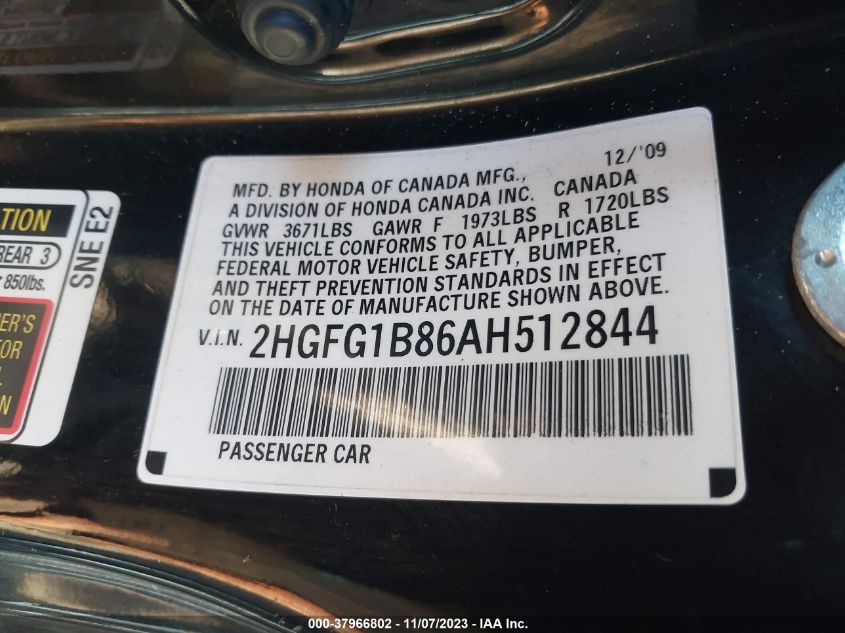 2010 Honda Civic Ex VIN: 2HGFG1B86AH512844 Lot: 37966802