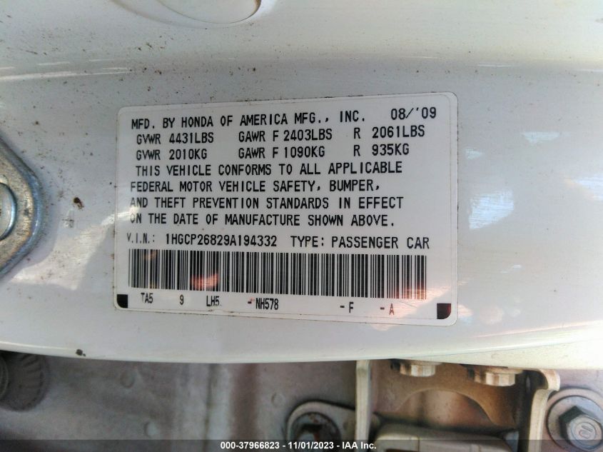 2009 Honda Accord 2.4 Ex-L VIN: 1HGCP26829A194332 Lot: 37966823