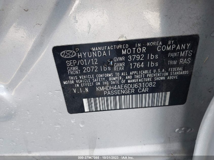 2013 Hyundai Elantra Gls (Ulsan Plant) VIN: KMHDH4AE6DU631082 Lot: 37967085