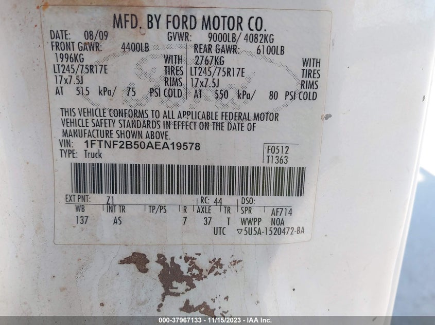 2010 Ford F-250 Xl/Xlt VIN: 1FTNF2B50AEA19578 Lot: 37967133