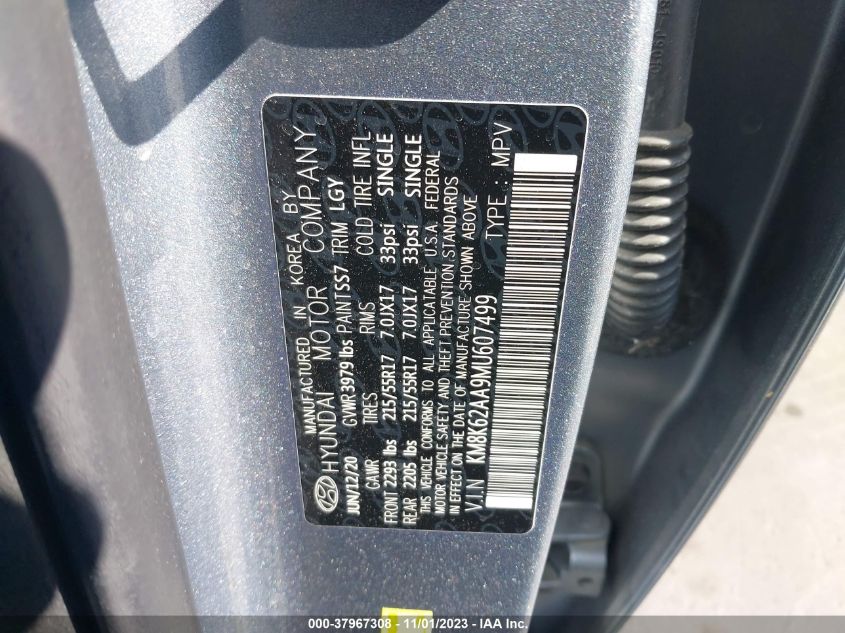 2021 Hyundai Kona Sel Plus VIN: KM8K62AA9MU607499 Lot: 37967308