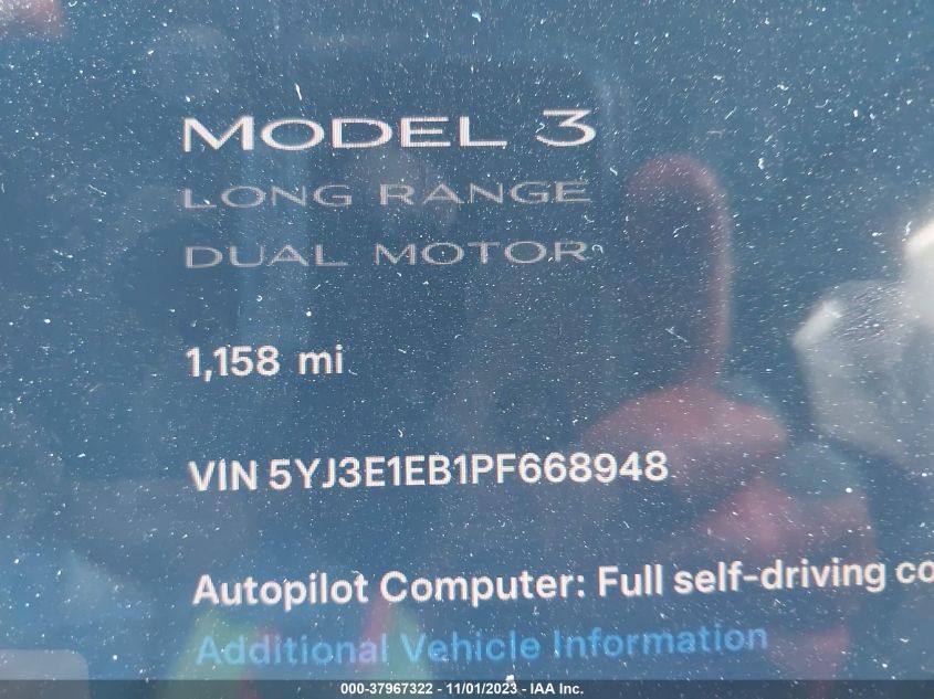 2023 Tesla Model 3 Long Range Dual Motor VIN: 5YJ3E1EB1PF668948 Lot: 37967322