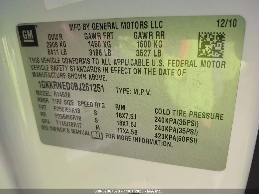 2011 GMC Acadia Sl VIN: 1GKKRNED0BJ261251 Lot: 37967573