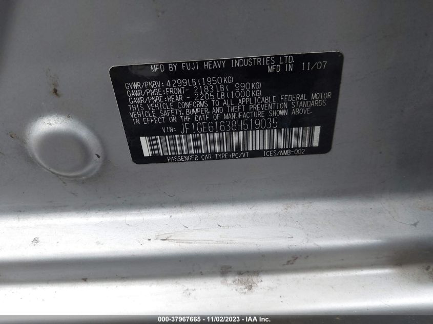 2008 Subaru Impreza 2.5I VIN: JF1GE61638H519035 Lot: 37967665