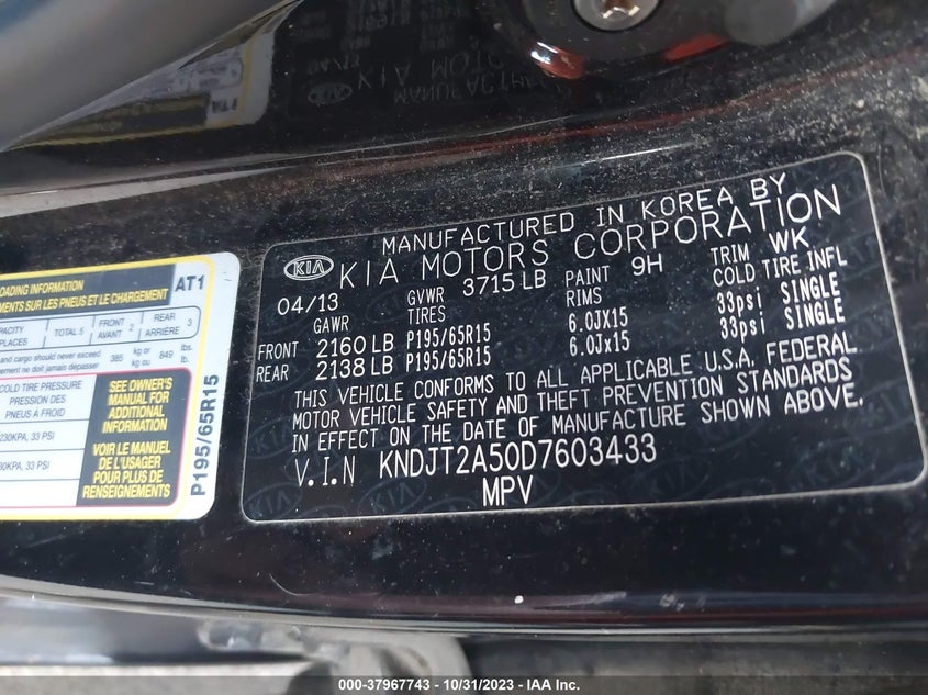 2013 Kia Soul Base VIN: KNDJT2A50D7603433 Lot: 37967743