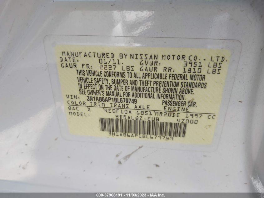 2011 Nissan Sentra 2.0 VIN: 3N1AB6AP1BL679749 Lot: 37968191