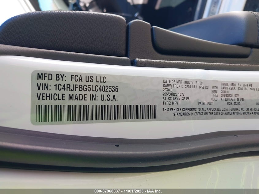 2020 Jeep Grand Cherokee Limited X VIN: 1C4RJFBG5LC402536 Lot: 37968337