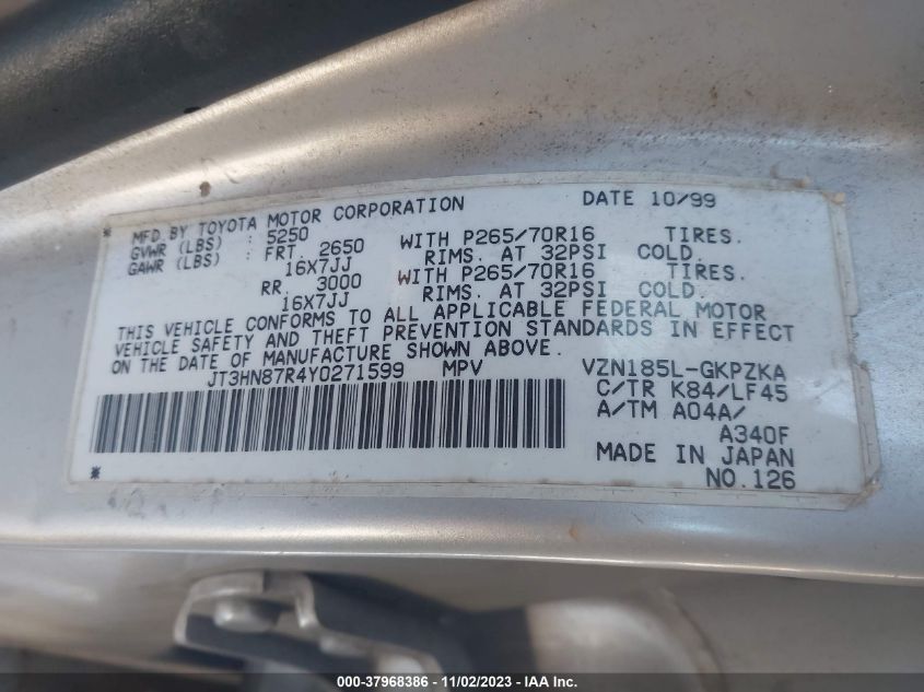 2000 Toyota 4Runner Limited V6 VIN: JT3HN87R4Y0271599 Lot: 37968386