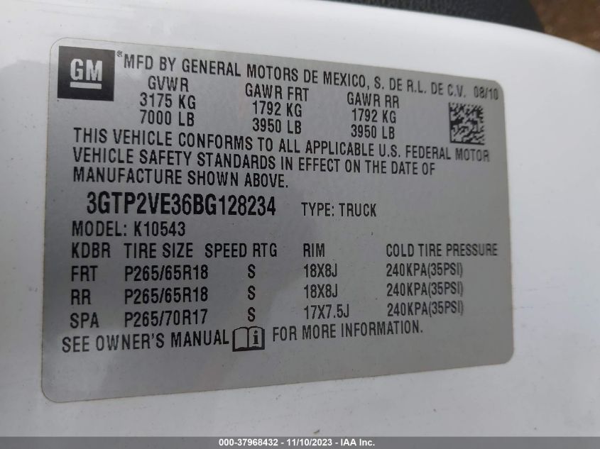 2011 GMC Sierra 1500 Sle VIN: 3GTP2VE36BG128234 Lot: 37968432