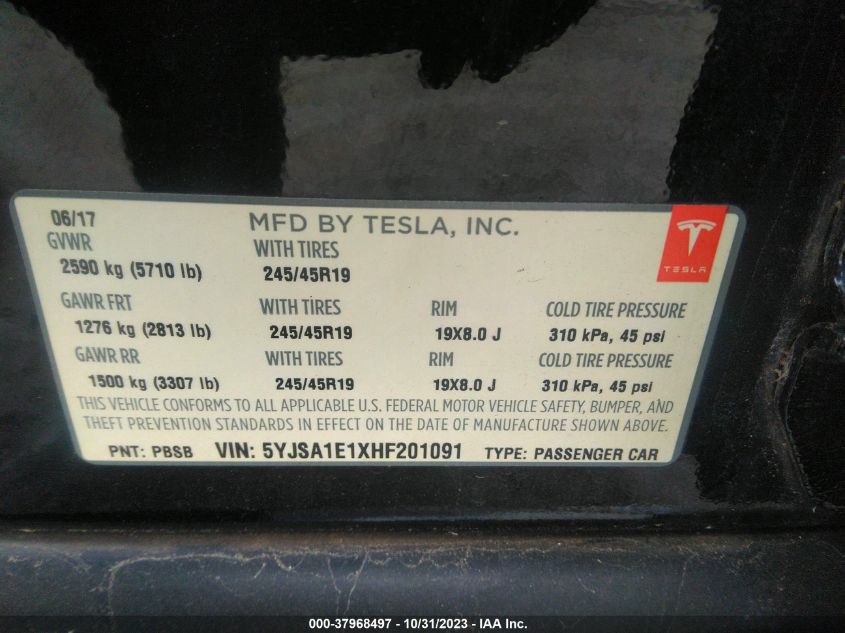 2017 Tesla Model S 60/75 VIN: 5YJSA1E1XHF201091 Lot: 37968497