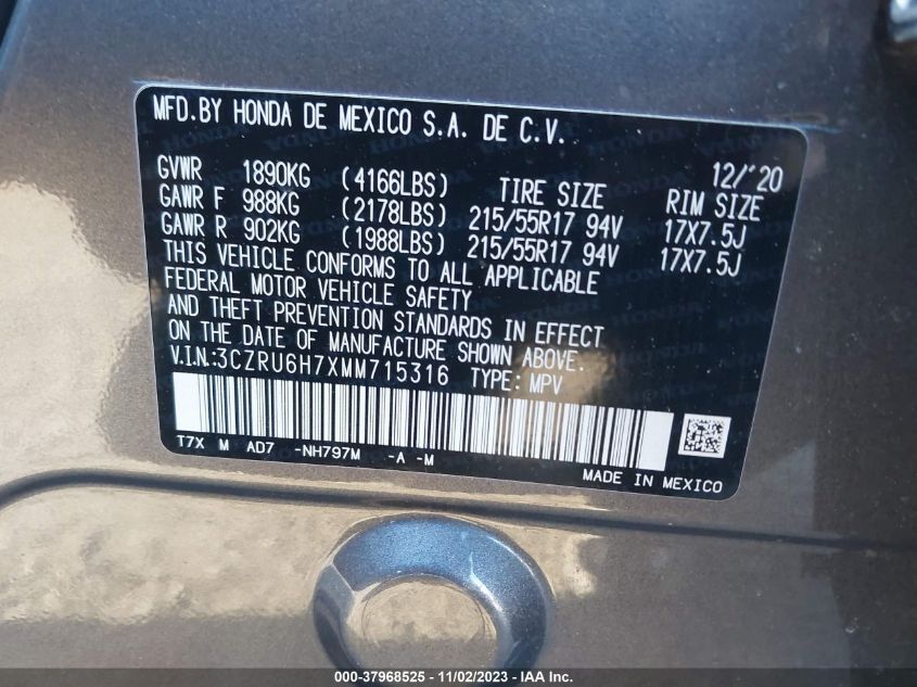 2021 Honda Hr-V Ex-L VIN: 3CZRU6H7XMM715316 Lot: 37968525