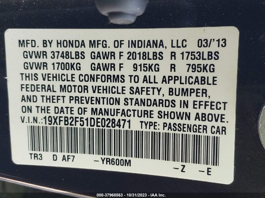 2013 Honda Civic Lx VIN: 1GKEC13Z12J184606 Lot: 37968563