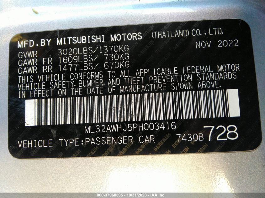 2023 Mitsubishi Mirage Black Edition/Ralliart/Se VIN: ML32AWHJ5PH003416 Lot: 37968595