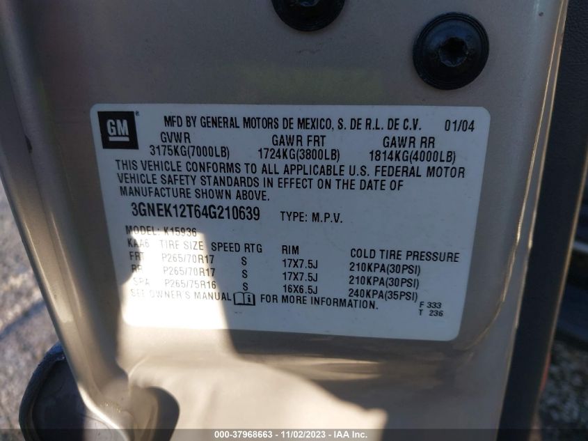 2004 Chevrolet Avalanche Z71 VIN: 3GNEK12T64G210639 Lot: 37968663