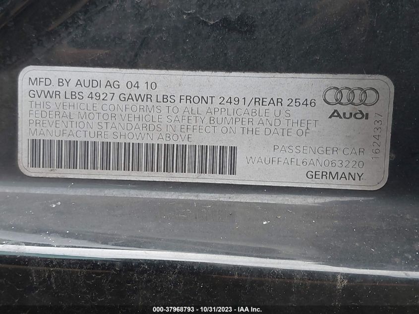 2010 Audi A4 2.0T Premium Plus VIN: WAUFFAFL6AN063220 Lot: 37968793
