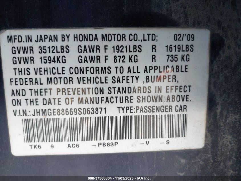 2009 Honda Fit Sport VIN: JHMGE88669S063871 Lot: 37968804