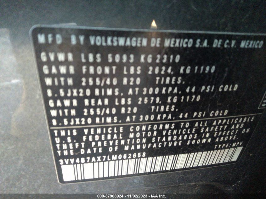 2020 Volkswagen Tiguan Sel Premium R-Line VIN: 3VV4B7AX7LM062658 Lot: 37968924