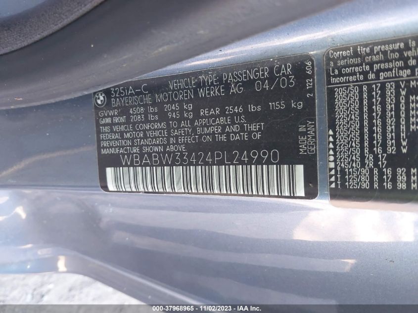 2004 BMW 3 Series 325Ci VIN: WBABW33424PL24990 Lot: 37968965