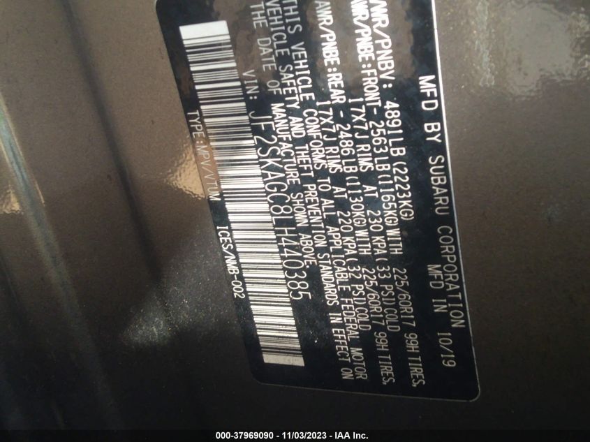 2020 Subaru Forester Premium VIN: JF2SKAGC8LH440385 Lot: 37969090