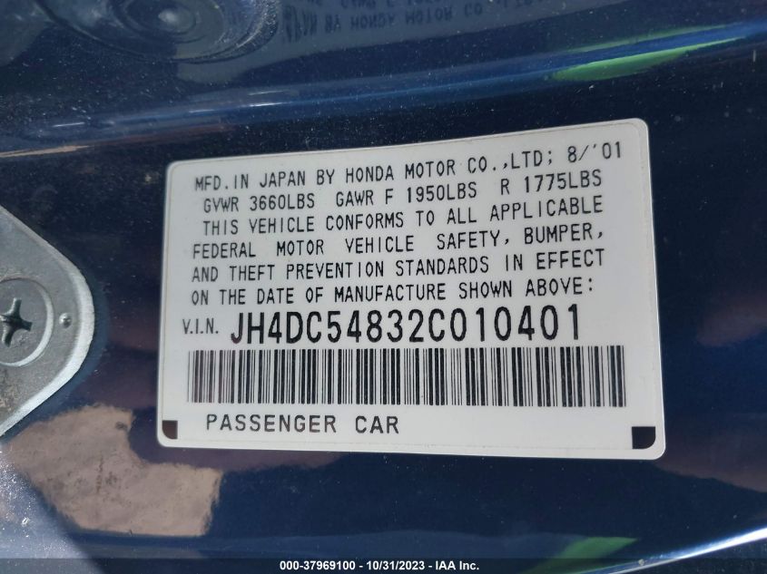 2002 Acura Rsx Auto/Auto W/Leather VIN: JH4DC54832C010401 Lot: 37969100