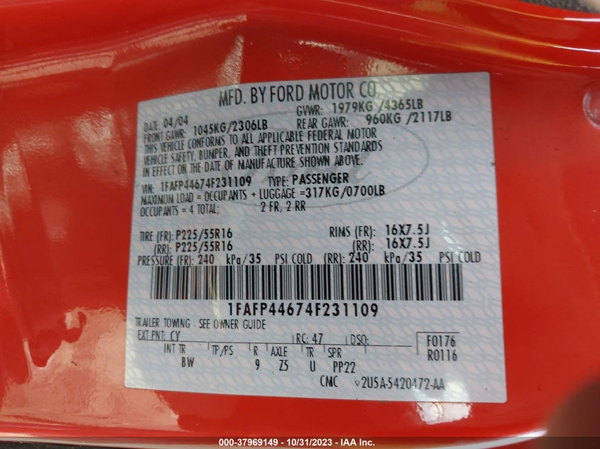 2004 Ford Mustang Deluxe/Premium VIN: 1FAFP44674F231109 Lot: 37969149