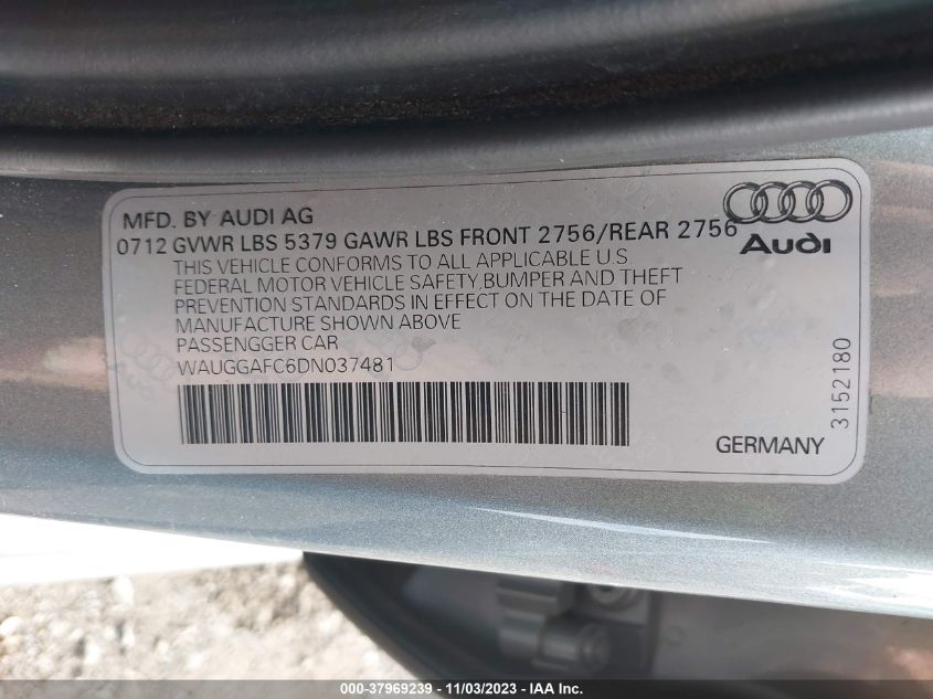 2013 Audi A6 3.0T Premium VIN: WAUGGAFC6DN037481 Lot: 37969239