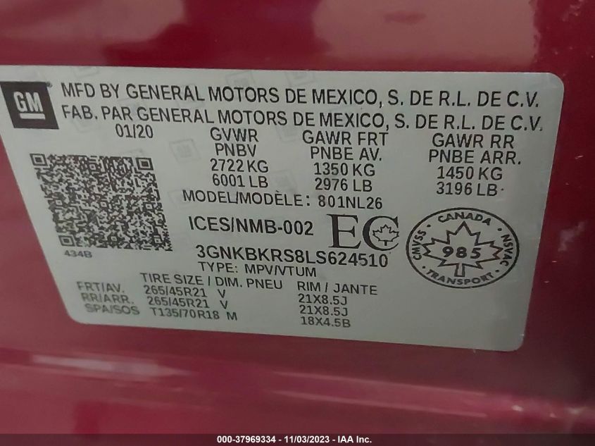 2020 Chevrolet Blazer Rs VIN: 3GNKBKRS8LS624510 Lot: 37969334