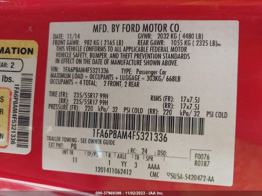 2015 Ford Mustang V6 VIN: 1FA6P8AM4F5321336 Lot: 37969398