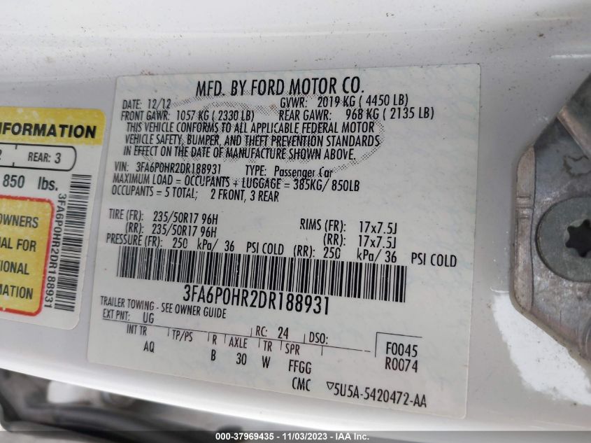 2013 Ford Fusion Se VIN: 3FA6P0HR2DR188931 Lot: 37969435