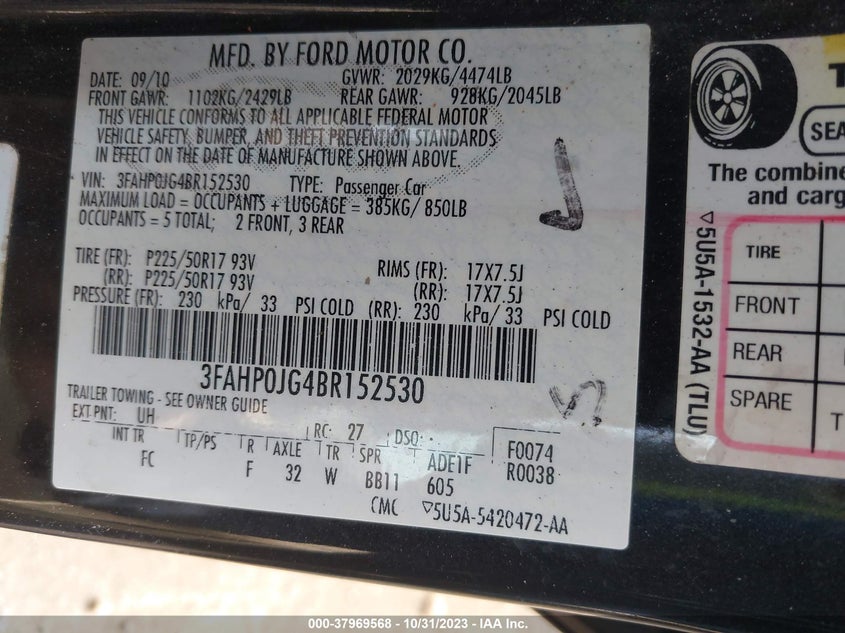 2011 Ford Fusion Sel VIN: 3FAHP0JG4BR152530 Lot: 37969568