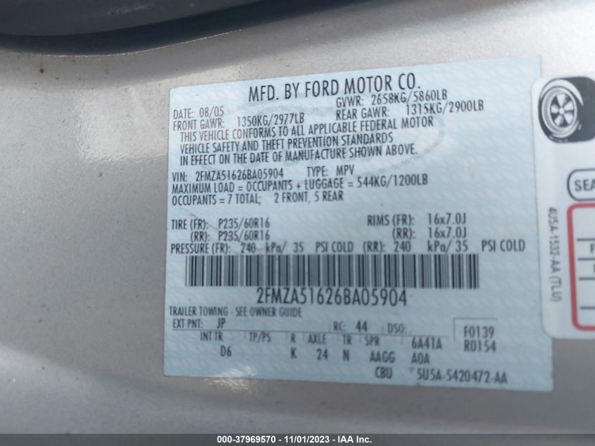 2006 Ford Freestar Se VIN: 2FMZA51626BA05904 Lot: 37969570