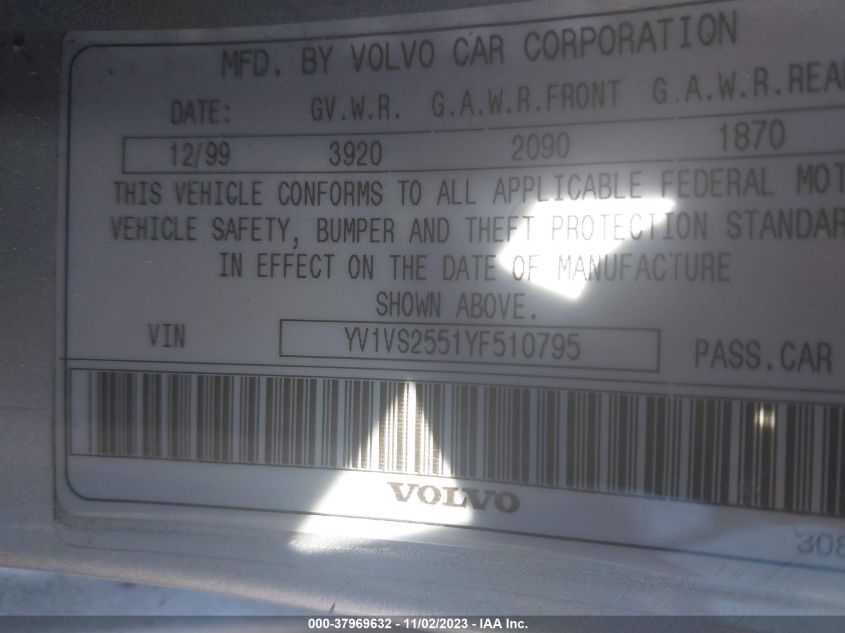 2000 Volvo S40 A/As VIN: YV1VS2551YF539486 Lot: 37969632