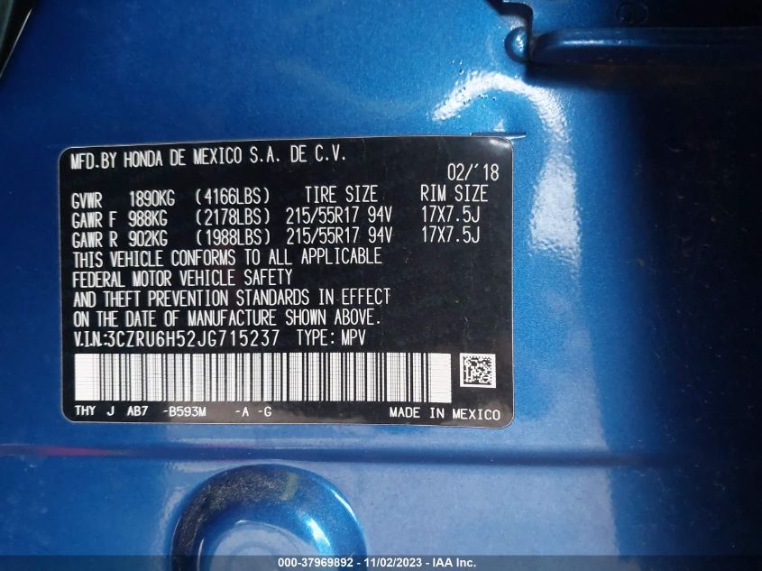 2018 Honda Hr-V Ex VIN: 3CZRU6H52JG715237 Lot: 37969892