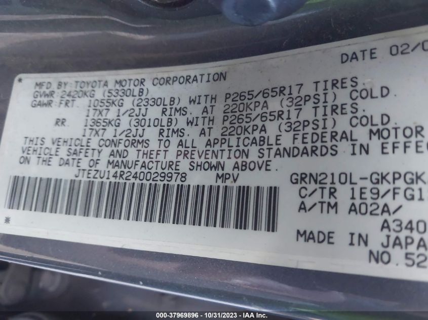 2004 Toyota 4Runner Sr5 VIN: JTEZU14R240029978 Lot: 37969896