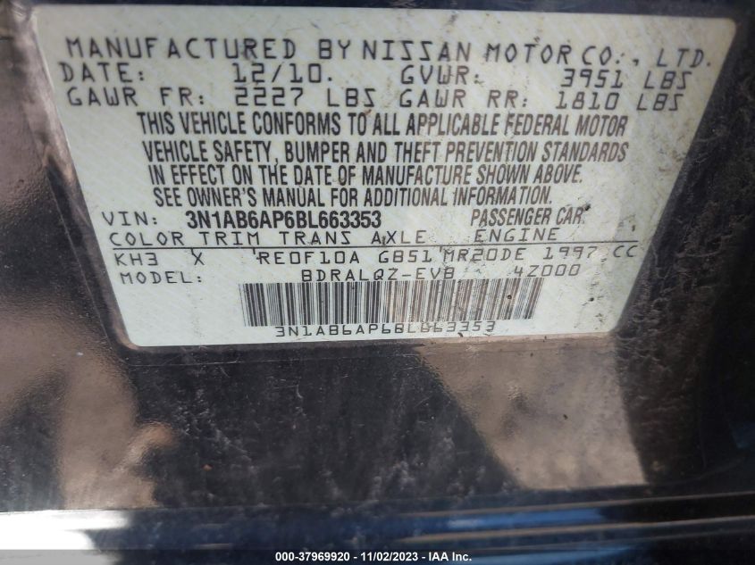 2011 Nissan Sentra 2.0 VIN: 3N1AB6AP6BL663353 Lot: 37969920