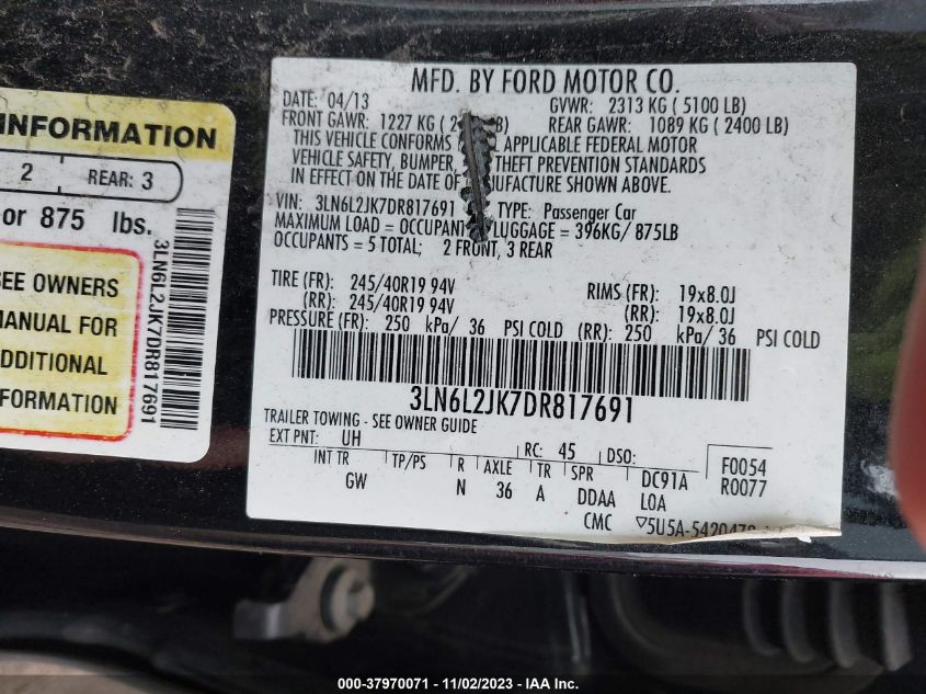 2013 Lincoln Mkz VIN: 3LN6L2JK7DR817691 Lot: 37970071