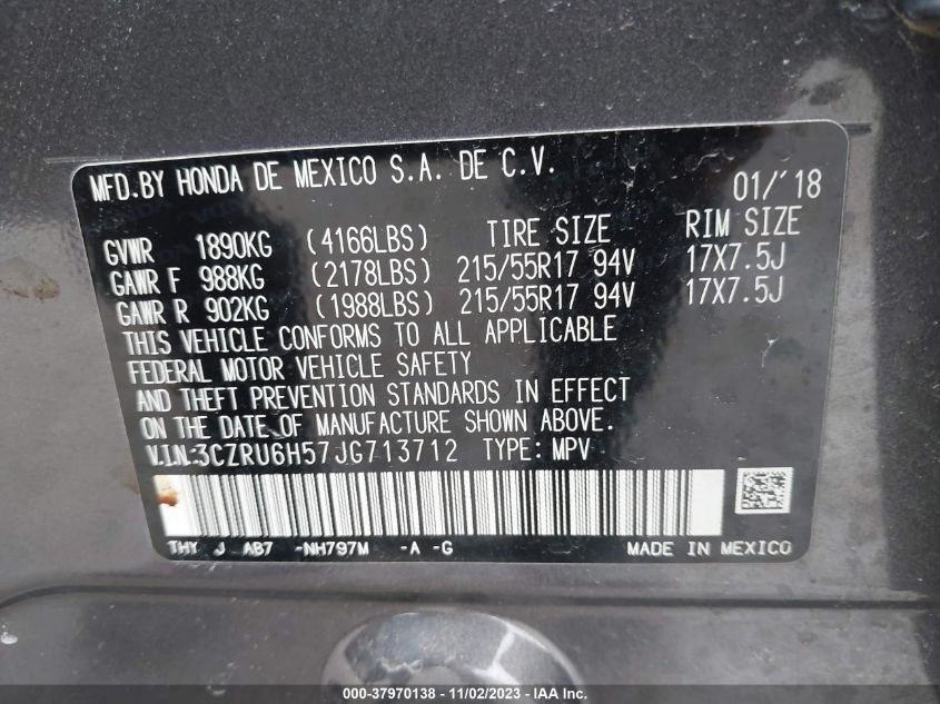 2018 Honda Hr-V Ex VIN: 3CZRU6H57JG713712 Lot: 37970138
