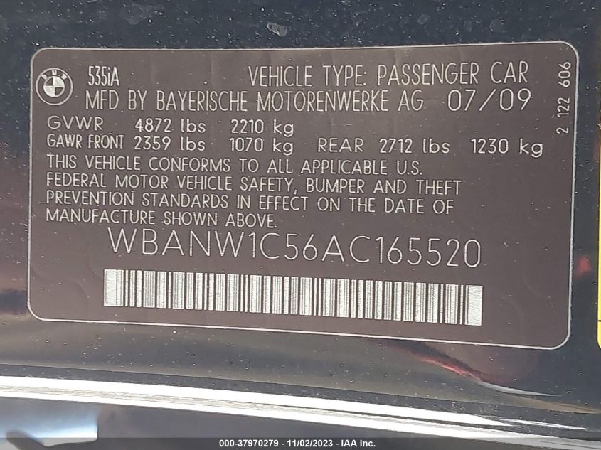 2010 BMW 5 Series 535I VIN: WBANW1C56AC165520 Lot: 37970279