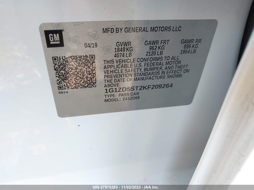 2019 Chevrolet Malibu Lt VIN: 1G1ZD5ST2KF209264 Lot: 37970283