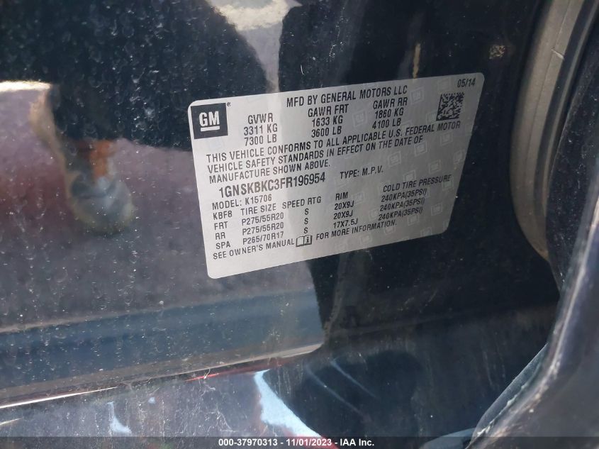 2015 Chevrolet Tahoe Lt VIN: 1GNSKBKC3FR196954 Lot: 37970313
