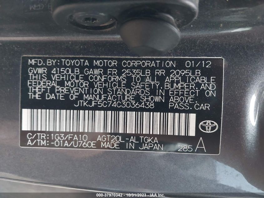 2012 Toyota Scion Tc VIN: JTKJF5C74C3036438 Lot: 37970342