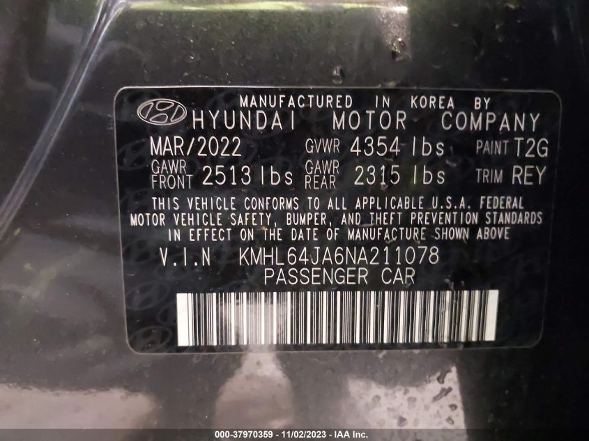 2022 Hyundai Sonata Sel VIN: KMHL64JA6NA211078 Lot: 37970359